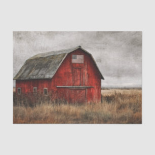 Striking Painting of a Red Barn w/ American Flag Tissue Paper