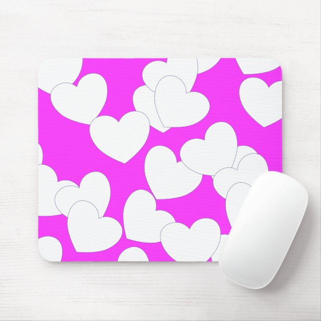 Striking Pink Mousepad With Big White Hearts (With Mouse)