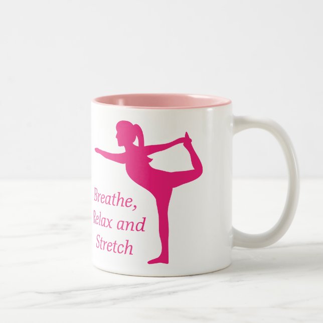 Striking Pink Silhouette of lady in stretch pose Two-Tone Coffee Mug (Right)