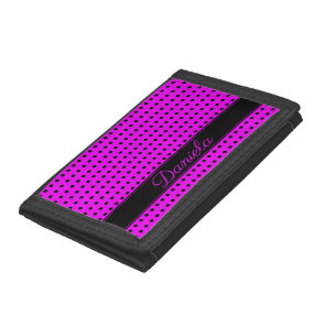 Striking Pink With Black Polka Dots, Custom Name Tri-fold Wallet