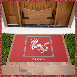 Striking Red and White Dragon Doormat