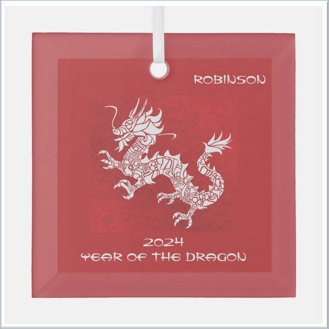 Striking Red and White Year of the Dragon  Glass Ornament (Creator Uploaded)