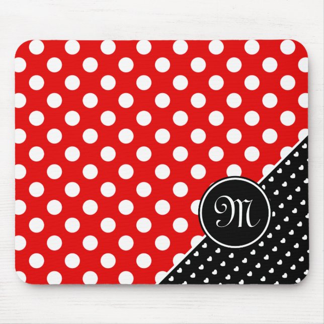 Striking Red, Black And White Polka Dots Monogram Mouse Pad (Front)