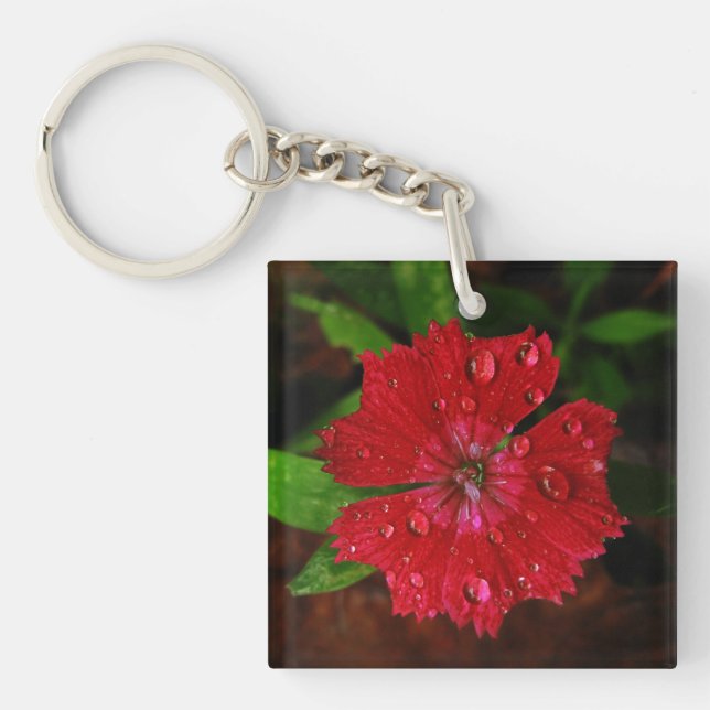 Striking Red Dianthus Flower With Raindrops Photo Keychain (Front)