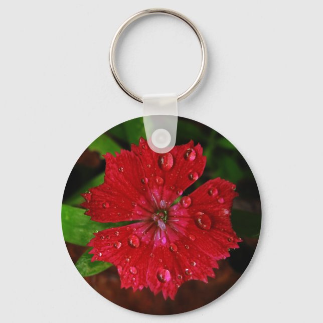 Striking Red Dianthus Flower With Raindrops Photo Keychain (Front)