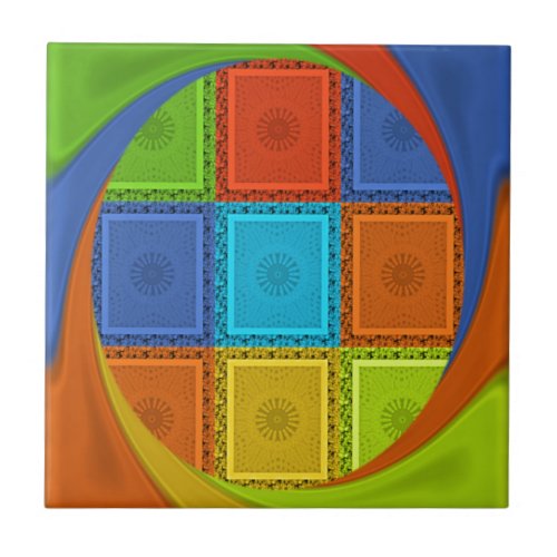 Striking Red Golden Green Checkered Spiral Art Ceramic Tile