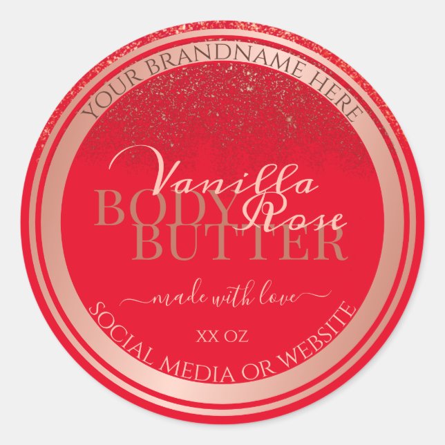 Striking Red Product Packaging Labels Rose Gold (Front)