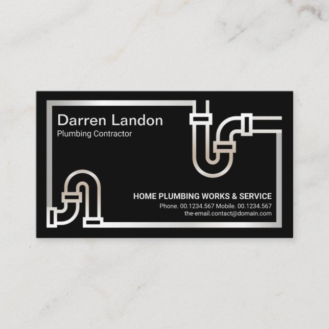 Striking Retro Silver Pipe Border Plumbing Service Business Card (Front)