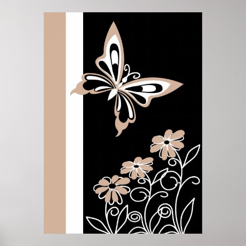 Striking Roasted Almond Butterfly and Flowers Poster