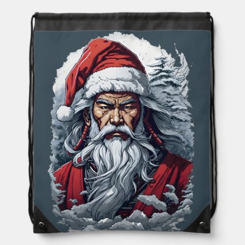 Striking Samurai Santa Claus Drawstring Bag