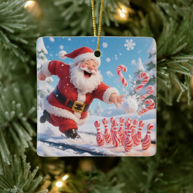 Striking Santa Bowling Candy Cane Lane Personalize Ceramic Ornament (Tree)