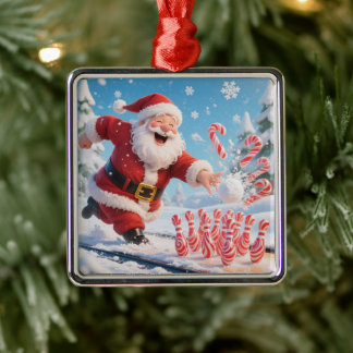 Striking Santa Bowling Candy Cane Lane Personalize Metal Ornament