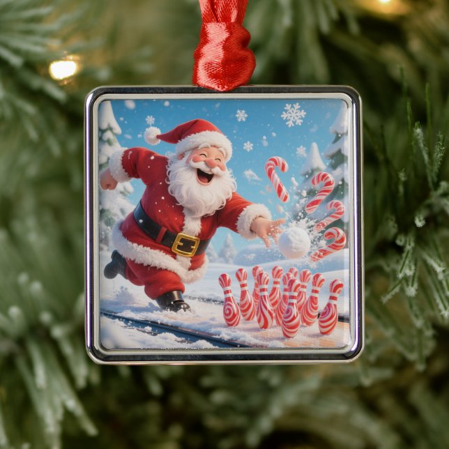 Striking Santa Bowling Candy Cane Lane Personalize Metal Ornament (Tree)