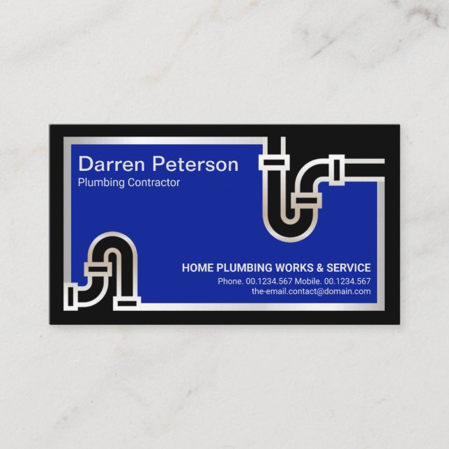 Striking Silver Piping Blue Flood Waters Plumbing Business Card (Front)