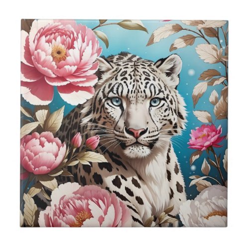 Striking Snow Leopard Gaze And Pink Peonies Ceramic Tile