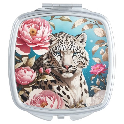 Striking Snow Leopard Gaze And Pink Peonies Compact Mirror