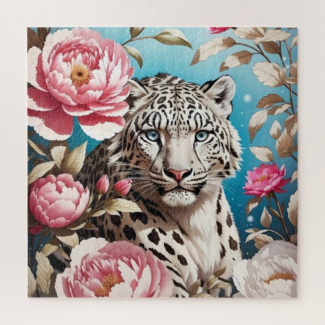 Striking Snow Leopard Gaze And Pink Peonies Jigsaw Puzzle (Vertical)