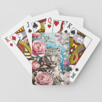 Striking Snow Leopard Gaze And Pink Peonies Playing Cards