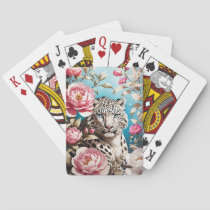 Striking Snow Leopard Gaze And Pink Peonies Poker Cards