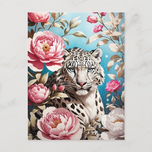 Striking Snow Leopard Gaze And Pink Peonies Postcard