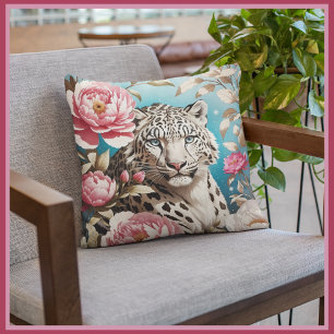 Striking Snow Leopard Gaze And Pink Peonies Throw Pillow
