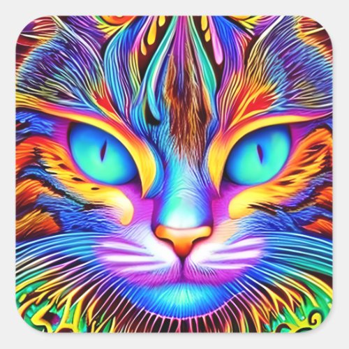 Striking Tea eyes Colorful Ai Generated Cat Square Sticker