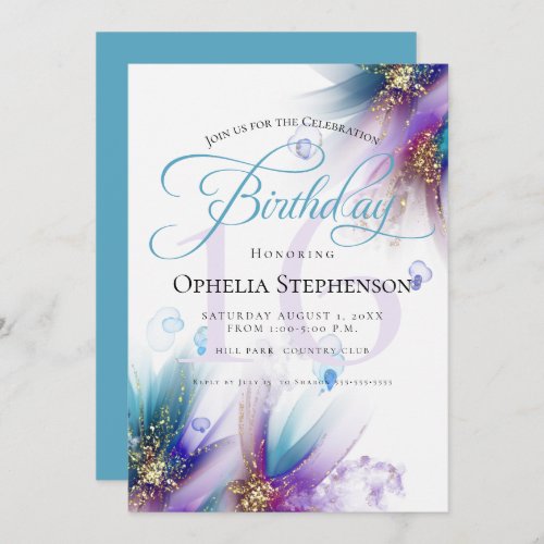 Striking Teal Amethyst Abstract Floral Birthday Invitation
