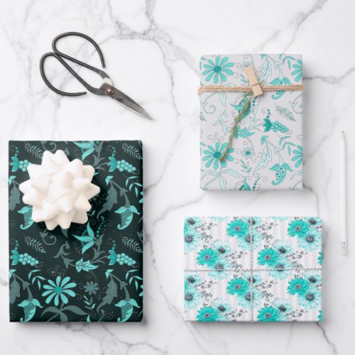 Striking Teal Blue Grey White Floral _ Set of 3 Wrapping Paper Sheets