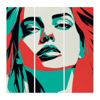 Striking Teal & Red Woman Portrait - Modern Graphi Triptych
