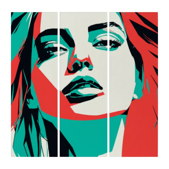 Striking Teal & Red Woman Portrait - Modern Graphi Triptych (Front)