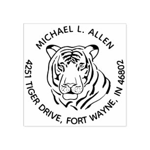 Striking Tiger Round Return Address Rubber Stamp