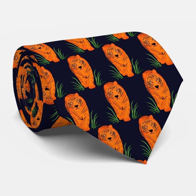 Striking Tigers against Midnight Blue Neck Tie (Rolled)