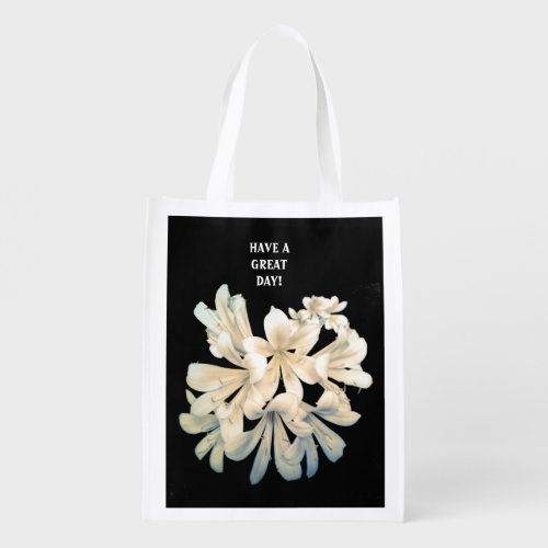 Striking White Flower Black Background REUSABLE   Grocery Bag