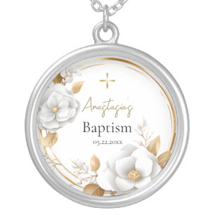 Striking White Gold Flowers Leaves Baptism Gift Silver Plated Necklace