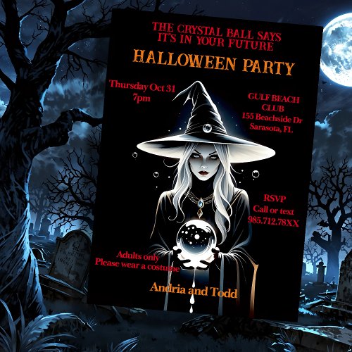 Striking witch with crystal ball Halloween Invitation
