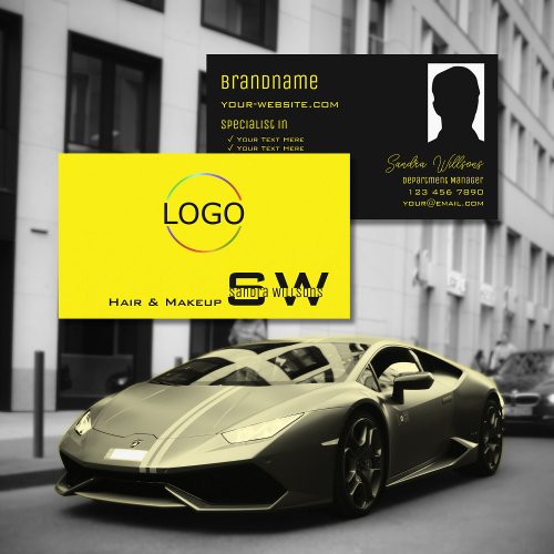 Striking Yellow Black with Monogram Logo and Photo Business Card
