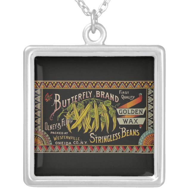 String Bean Label Vegetable Country Silver Plated Necklace (Front)