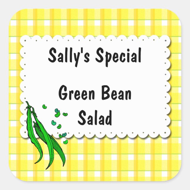 String Beans Yellow Checks Custom Canning Labels (Front)