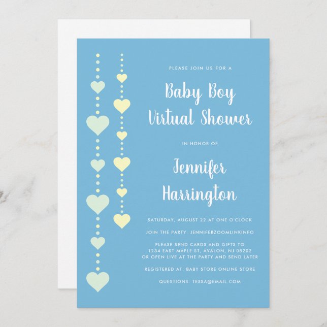 String Hearts Blue Yellow Mint Virtual Baby Shower Invitation (Front/Back)