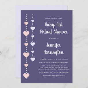 String Hearts Pink Purple Virtual Baby Girl Shower Invitation