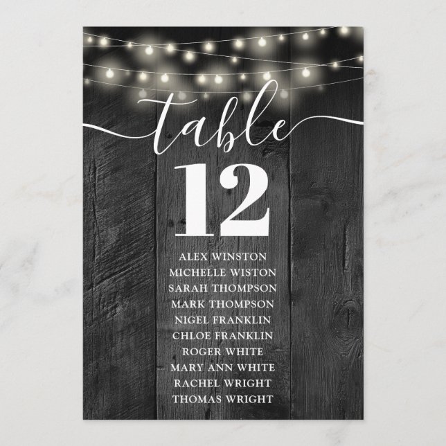 String Light Black Wood Table Number Seating Chart (Front)