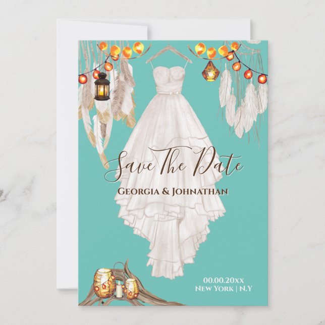 String light feather boho macrame dress teal blue save the date (Front)