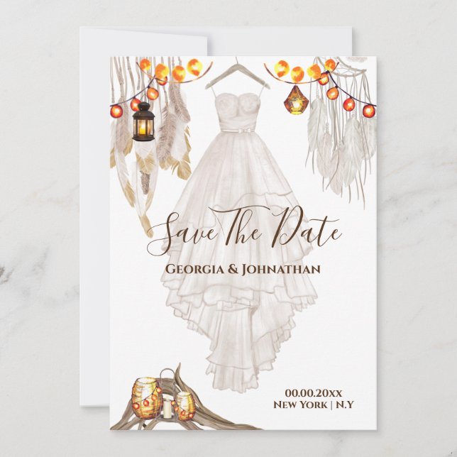 String light feather boho macrame lantern wedding  save the date (Front)