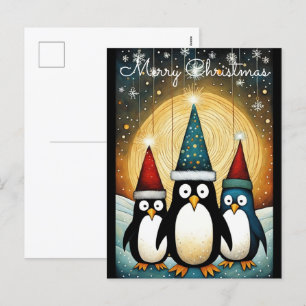 String Light Full Moon Santa Penguin Christmas Holiday Postcard