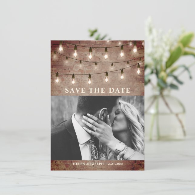String Light Industrial Rustic Brick Wedding Save The Date (Standing Front)