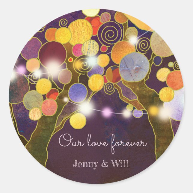 String Light Love Trees Wedding Favor Classic Round Sticker (Front)