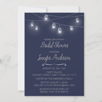 String Light Mason Jar Blue Bridal Shower Invitation by MaggieMart at Zazzle