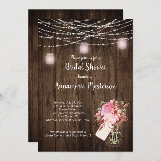 String Light Mason Jar Floral Bridal Shower | Invitation