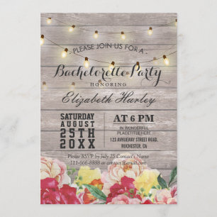 String Light Rustic Wood Floral Bachelorette Party Invitation