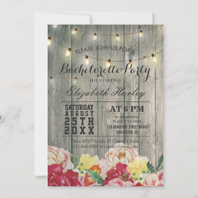 String Light Rustic Wood Floral Bachelorette Party Invitation (Front)